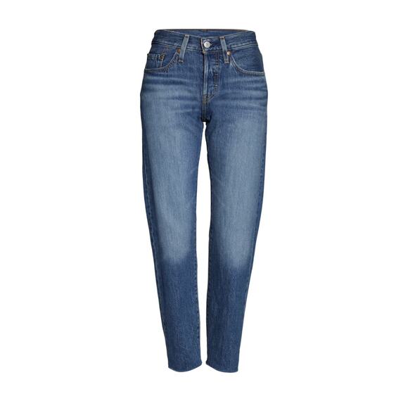 Levi's 501 Tapered Raw Hem Jeans Size 25 High Rise Mid Blue Wash Rigid Denim - Picture 1 of 16